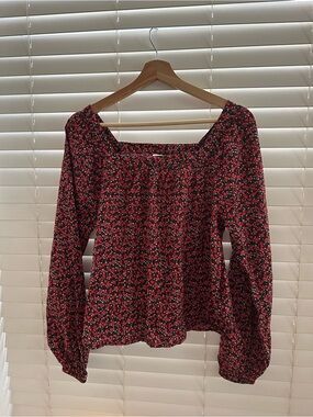 GAP Black Blouse with Red Floral Print, Square Neck